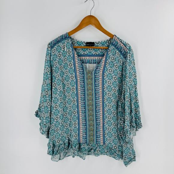 Jones New York Boho Floral Peasant Blouse Blue Multicolor Ruffle Hem Size 2X - Picture 1 of 7